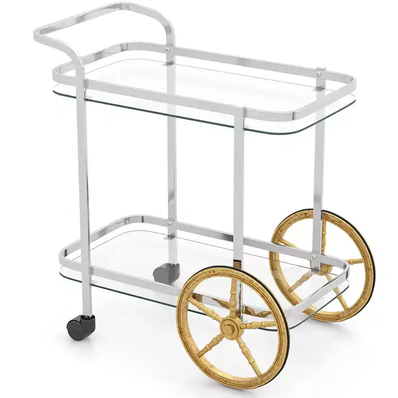 Costway Desserte de bar moderne à 2 niveaux en verre trempé avec 2 grandes roues en aluminium et 2 roulettes, poignée facile à prendre en main, structure en acier inoxydable