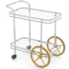 Costway Desserte de bar moderne à 2 niveaux en verre trempé avec 2 grandes roues en aluminium et 2 roulettes, poignée facile à prendre en main, structure en acier inoxydable