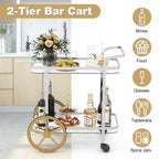 Costway Desserte de bar moderne à 2 niveaux en verre trempé avec 2 grandes roues en aluminium et 2 roulettes, poignée facile à prendre en main, structure en acier inoxydable