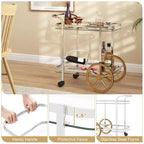 Costway Desserte de bar moderne à 2 niveaux en verre trempé avec 2 grandes roues en aluminium et 2 roulettes, poignée facile à prendre en main, structure en acier inoxydable