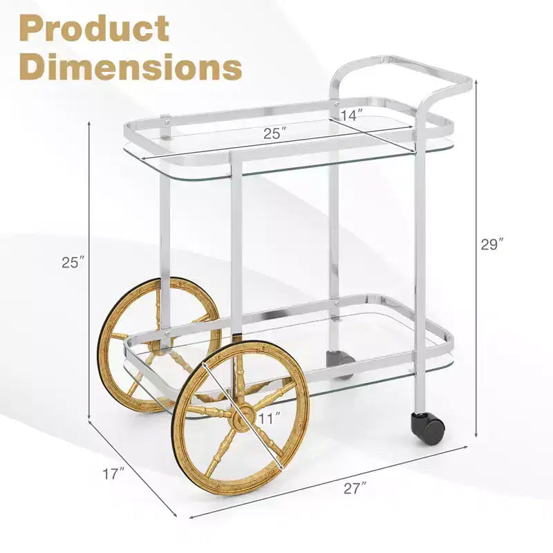 Costway Desserte de bar moderne à 2 niveaux en verre trempé avec 2 grandes roues en aluminium et 2 roulettes, poignée facile à prendre en main, structure en acier inoxydable