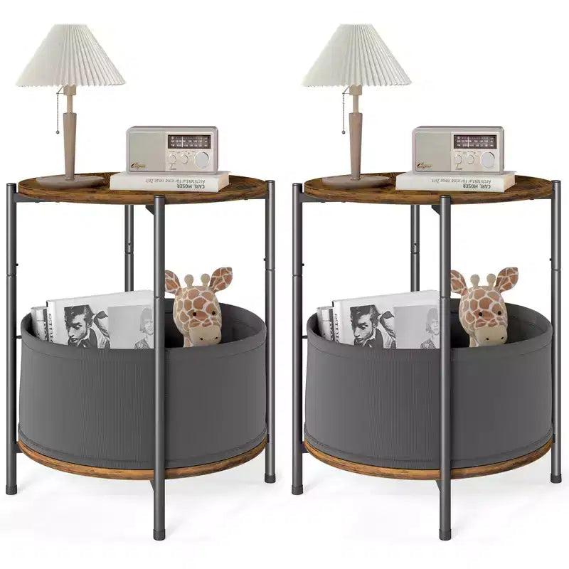 Lot de 2 tables d'appoint rondes avec panier en tissu amovible Tables d'appoint industrielles
