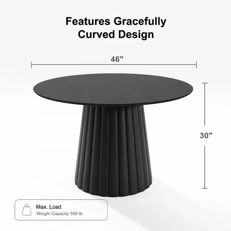 Table à manger ronde Dovelina noire, en bois artificiel, personnalisée avec un piètement design