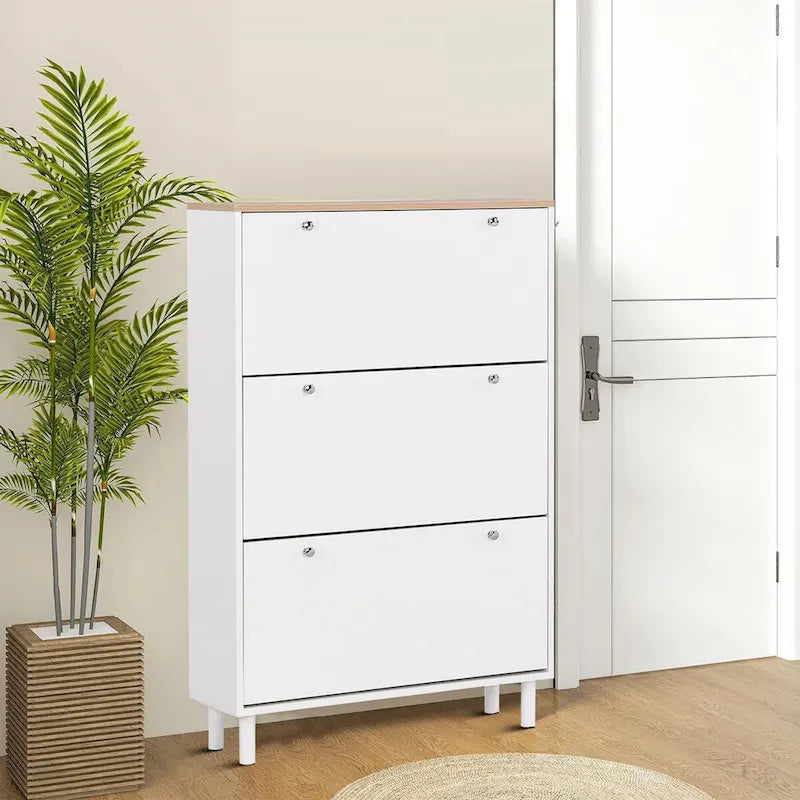 Meuble de rangement pour chaussures minimaliste avec plateau à finition grain de bois