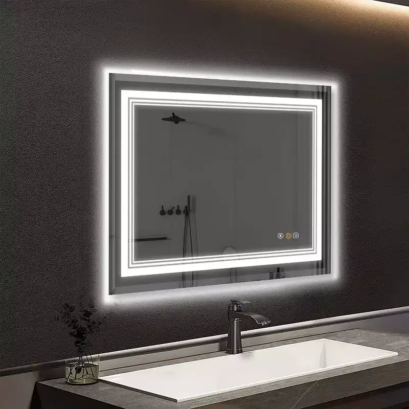 HBEZON Vanity Mirror with Lights, LED Wall Mount Bathroom Mirror, 3-Color Mode, Front/Backlit Lights, Dimmable, Anti-Fog, Rectangle, Aluminum, Silver