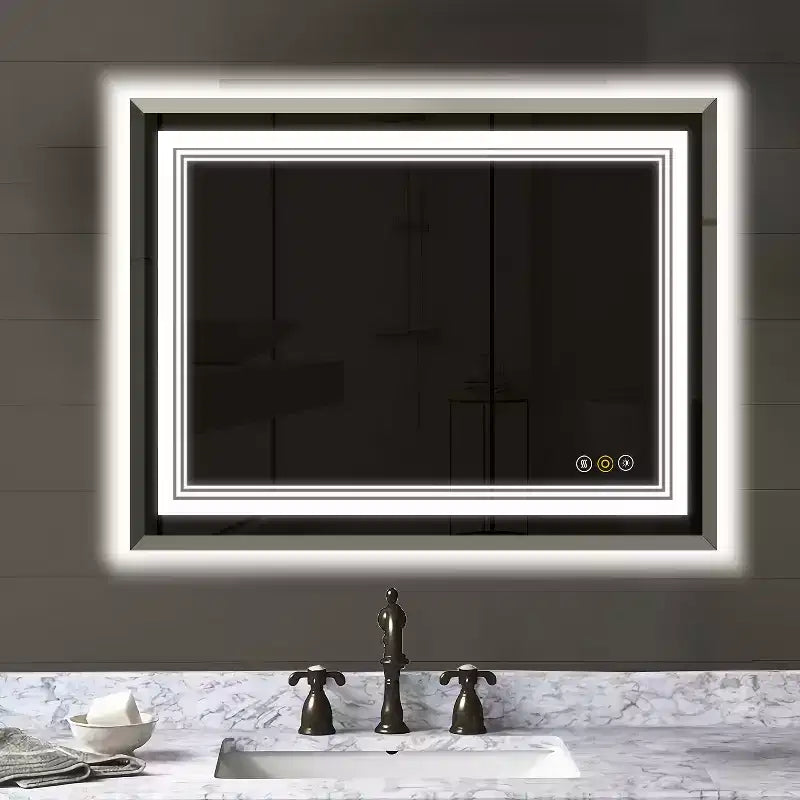 Miroir de courtoisie HBEZON avec lumières, miroir de salle de bain mural LED, 3 modes de couleur, éclairage avant/rétroéclairé, dimmable, anti-buée, rectangulaire, aluminium, argent