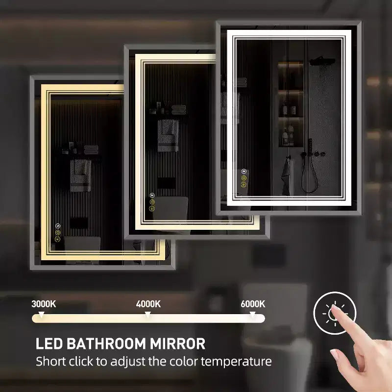 Miroir de courtoisie HBEZON avec lumières, miroir de salle de bain mural LED, 3 modes de couleur, éclairage avant/rétroéclairé, dimmable, anti-buée, rectangulaire, aluminium, argent