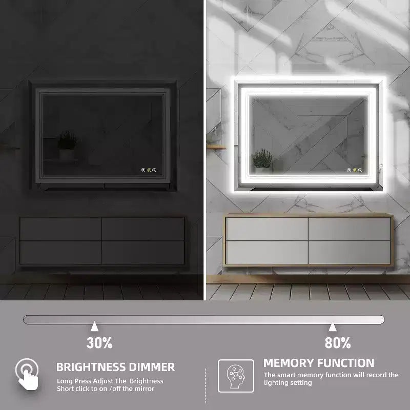 Miroir de courtoisie HBEZON avec lumières, miroir de salle de bain mural LED, 3 modes de couleur, éclairage avant/rétroéclairé, dimmable, anti-buée, rectangulaire, aluminium, argent