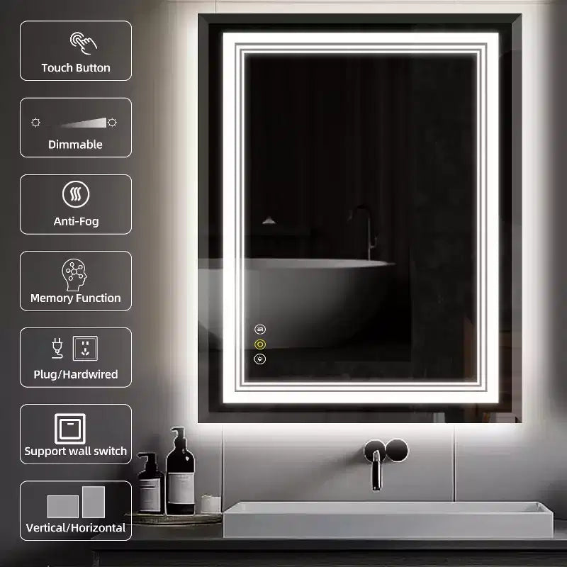 Miroir de courtoisie HBEZON avec lumières, miroir de salle de bain mural LED, 3 modes de couleur, éclairage avant/rétroéclairé, dimmable, anti-buée, rectangulaire, aluminium, argent