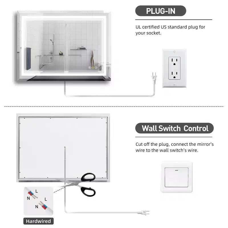 Miroir de courtoisie HBEZON avec lumières, miroir de salle de bain mural LED, 3 modes de couleur, éclairage avant/rétroéclairé, dimmable, anti-buée, rectangulaire, aluminium, argent