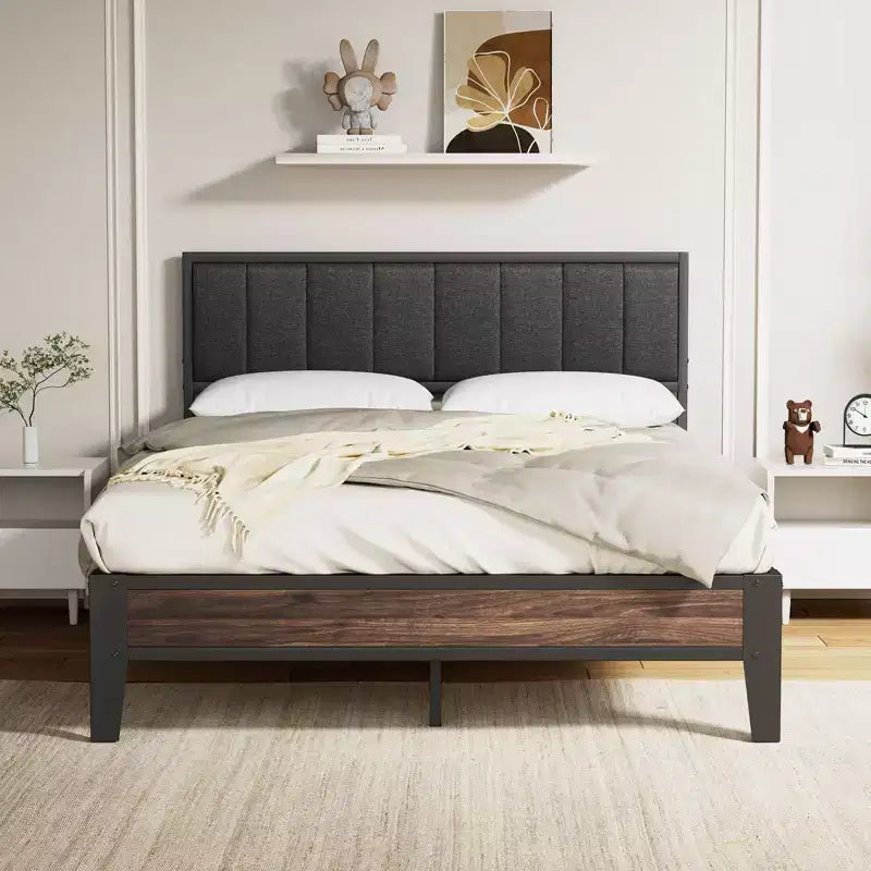 Lusimo Cadre de lit plateforme entièrement métallique avec tête de lit capitonnée en tissu Montage facile