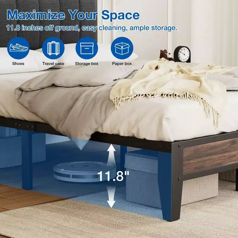 Lusimo Cadre de lit plateforme entièrement métallique avec tête de lit capitonnée en tissu Montage facile