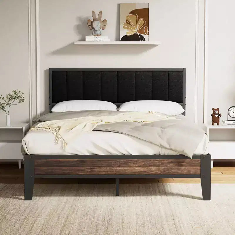 Lusimo Cadre de lit plateforme entièrement métallique avec tête de lit capitonnée en tissu Montage facile