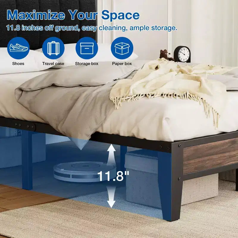 Lusimo Cadre de lit plateforme entièrement métallique avec tête de lit capitonnée en tissu Montage facile