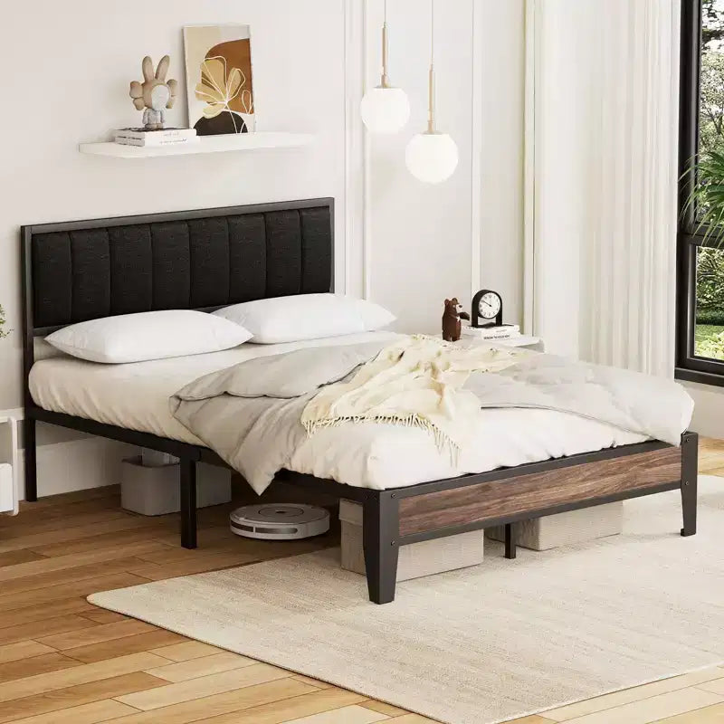 Lusimo Cadre de lit plateforme entièrement métallique avec tête de lit capitonnée en tissu Montage facile