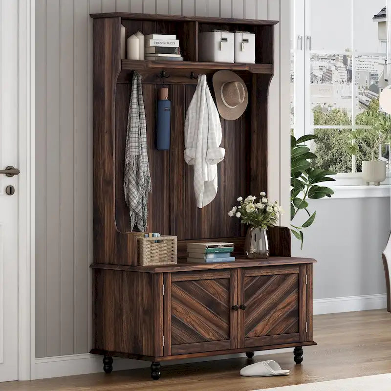 Meuble d'entrée 3-en-1 avec 4 crochets, porte-manteau, banc de rangement, 101,6 cm, pour entrée, couloir