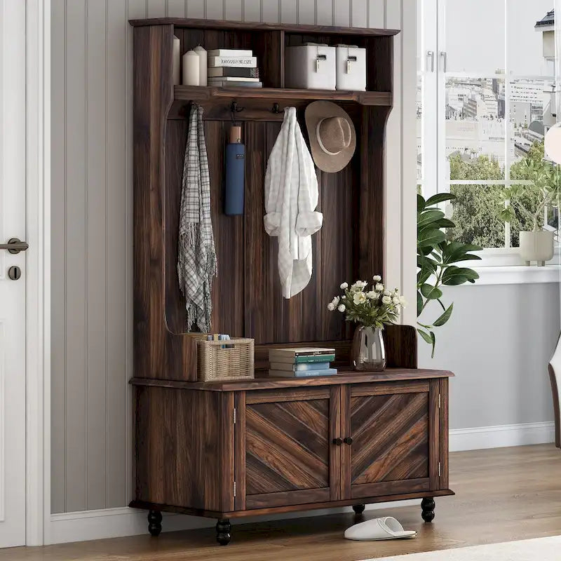 Meuble d'entrée 3-en-1 avec 4 crochets, porte-manteau, banc de rangement, 101,6 cm, pour entrée, couloir