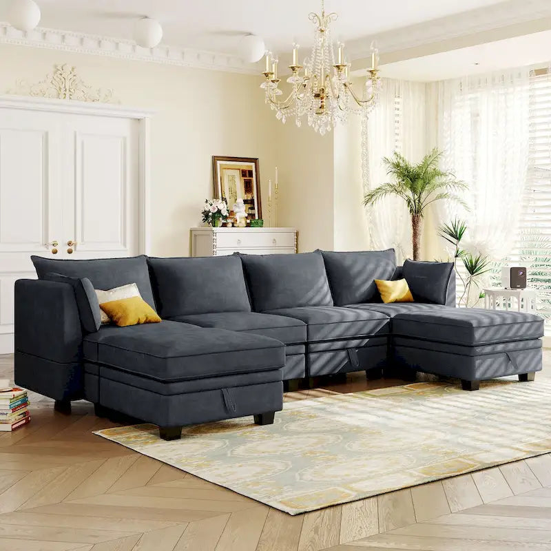 Canapé d'angle modulable moderne en U, convertible avec méridienne réversible pour salon, siège de rangement, 6 pièces