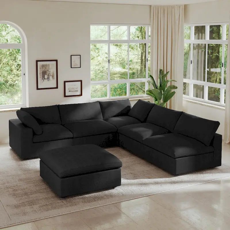 Canapé d'angle rembourré en duvet Commix 5 places avec pouf