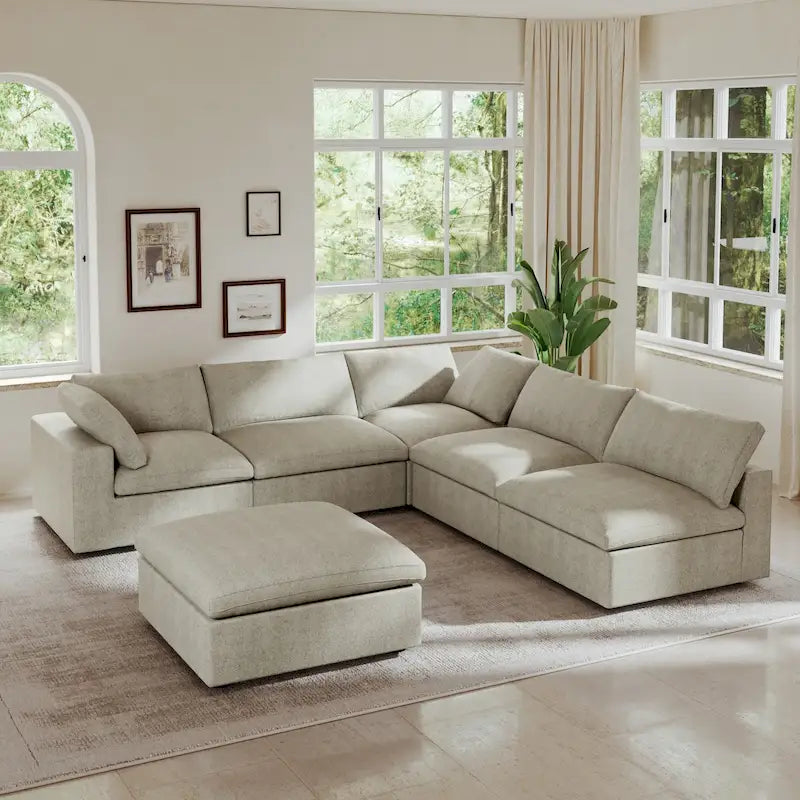 Canapé d'angle rembourré en duvet Commix 5 places avec pouf