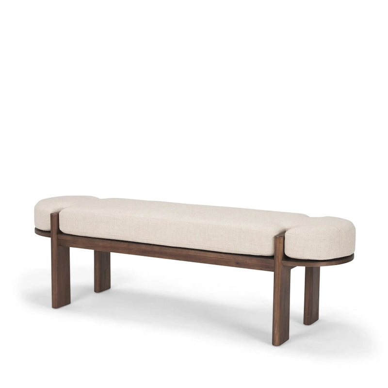 Banc en bois d'orme foncé avec tissu couleur avoine