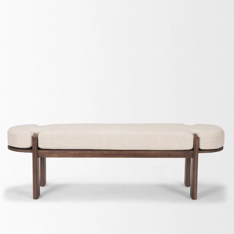 Banc en bois d'orme foncé avec tissu couleur avoine
