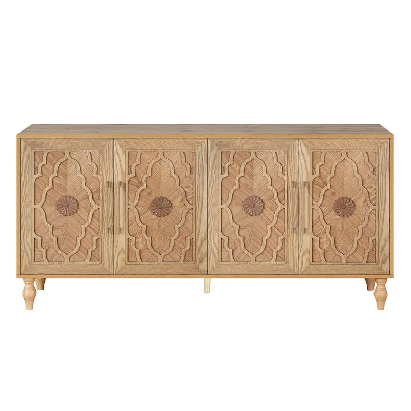 Grand meuble de rangement à portes sculptées et poignées métalliques