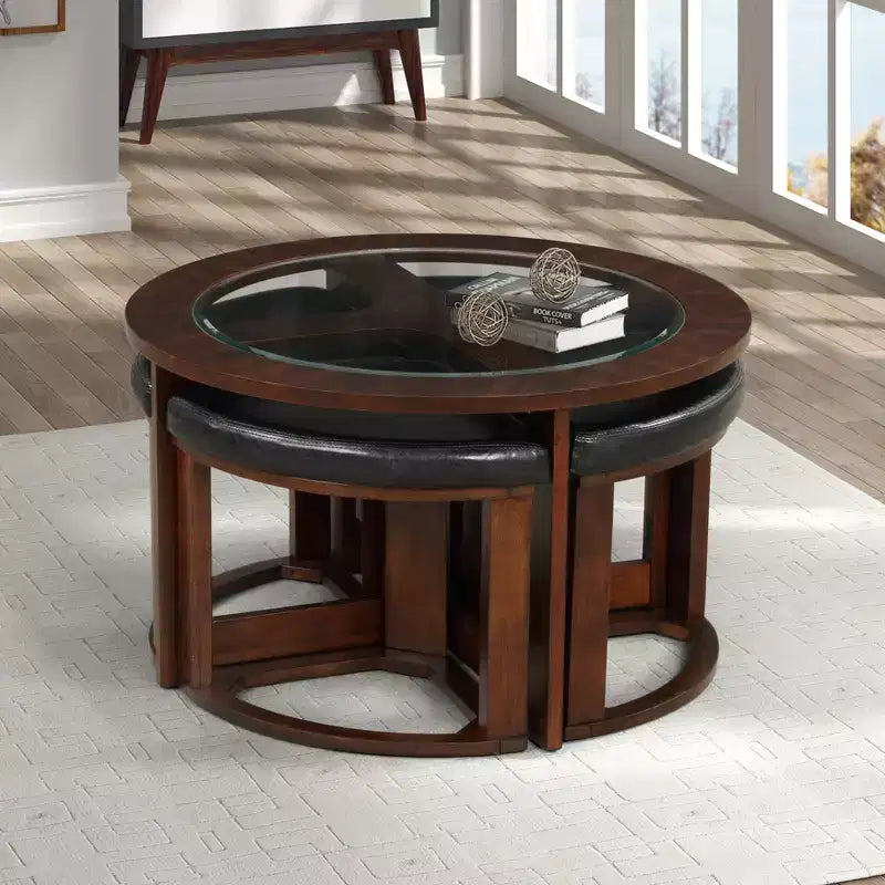 Table basse en bois massif avec plateau en verre et tabourets