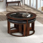 Table basse en bois massif avec plateau en verre et tabourets