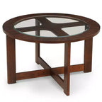 Table basse en bois massif avec plateau en verre et tabourets