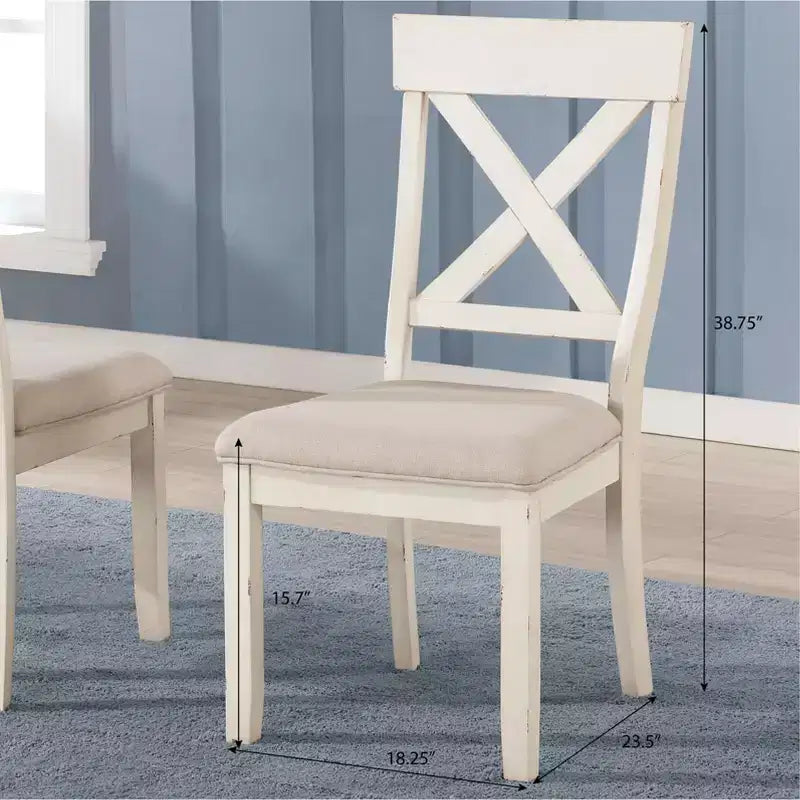 Chaises de salle à manger rembourrées Roundhill Furniture Prato en bois à dossier croisé, blanc antique, lot de 2
