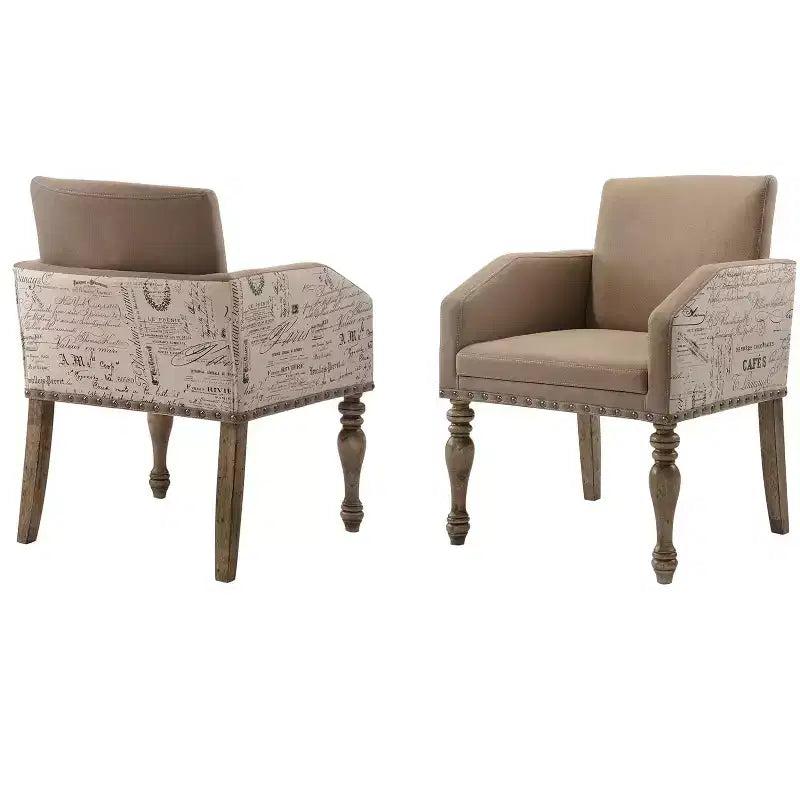 Chaise de salle à manger avec accoudoirs Roundhill Furniture Birmingham Script Imprimé Fini Bois Flotté avec Clous Décoratifs, Lot de 2