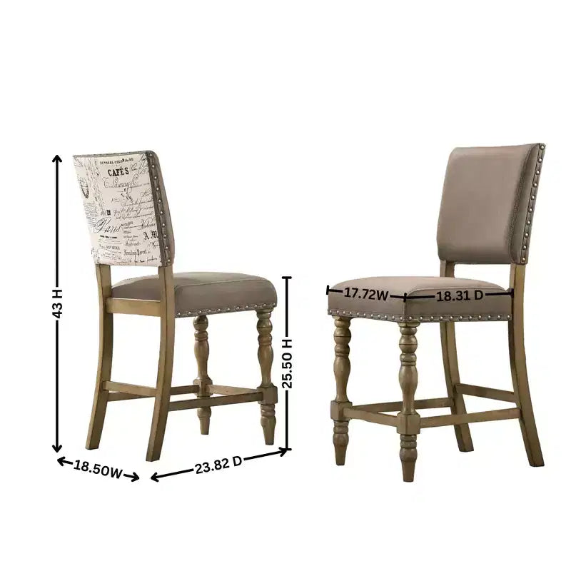 Chaise de salle à manger Roundhill Furniture Birmingham Script à hauteur de comptoir, finition Driftwood, avec clous décoratifs, lot de 2