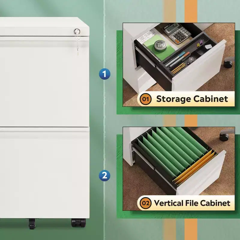 Classeur mobile à 2 tiroirs avec serrure, Organiseur de documents compact, compatible avec les dossiers de format lettre/A4/légal
