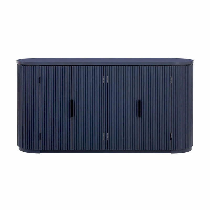 Armoire de rangement à portes rayées verticales avec poignées en métal, étagères réglables