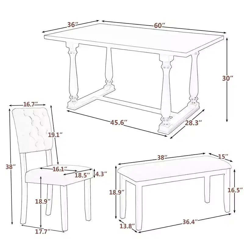 Ensemble de salle à manger Whisen 6 pièces avec table et chaises aux pieds de forme spéciale et dossiers et coussins recouverts de mousse