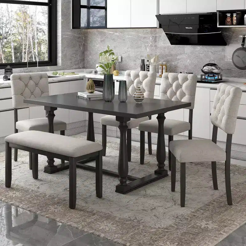 Ensemble de salle à manger Whisen 6 pièces avec table et chaises aux pieds de forme spéciale et dossiers et coussins recouverts de mousse