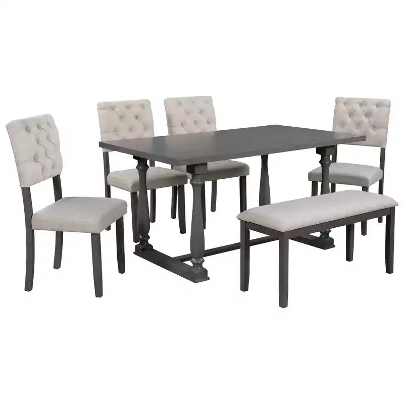 Ensemble de salle à manger Whisen 6 pièces avec table et chaises aux pieds de forme spéciale et dossiers et coussins recouverts de mousse