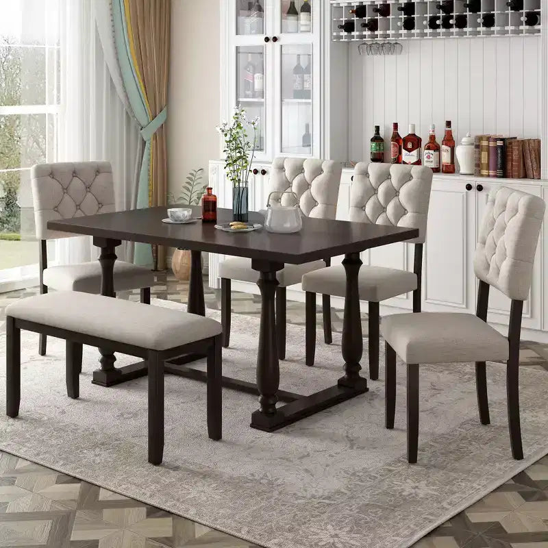 Ensemble de salle à manger Whisen 6 pièces avec table et chaises aux pieds de forme spéciale et dossiers et coussins recouverts de mousse