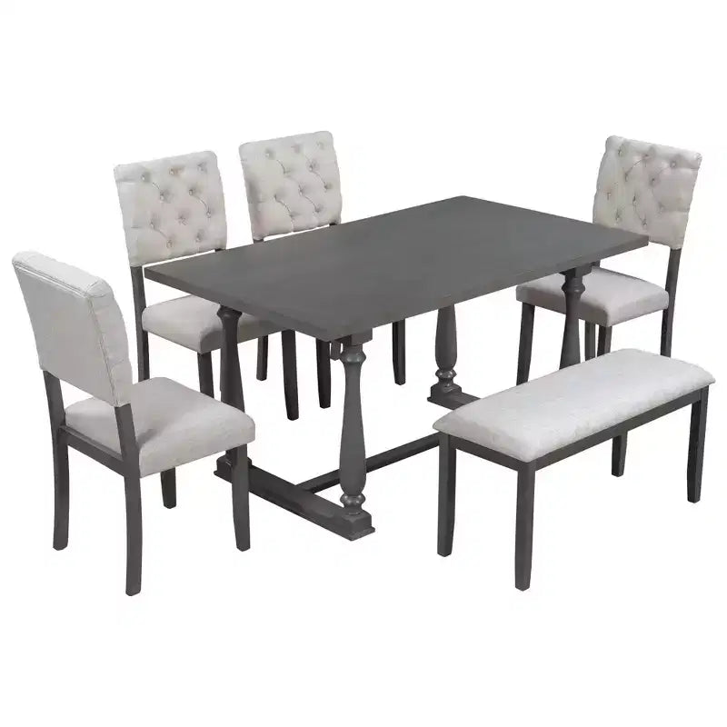Ensemble de salle à manger Whisen 6 pièces avec table et chaises aux pieds de forme spéciale et dossiers et coussins recouverts de mousse