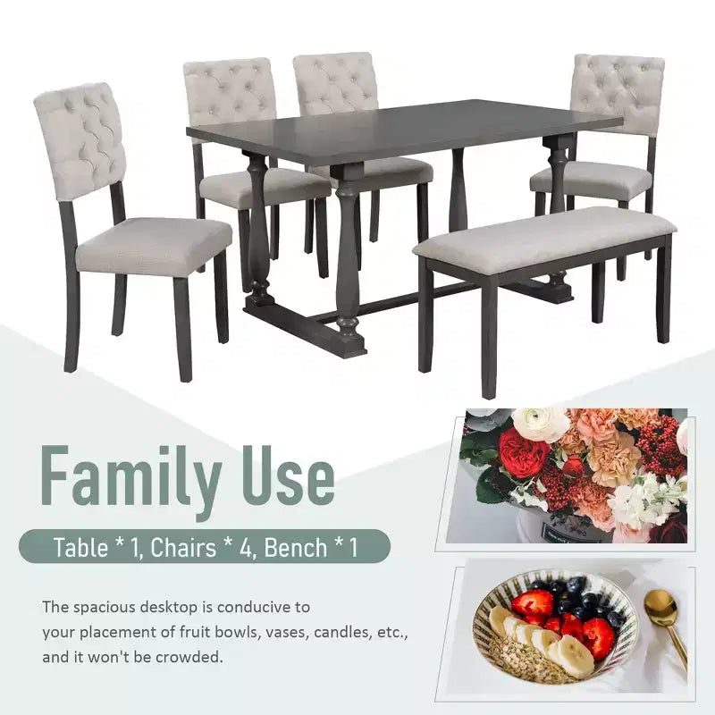 Ensemble de salle à manger Whisen 6 pièces avec table et chaises aux pieds de forme spéciale et dossiers et coussins recouverts de mousse