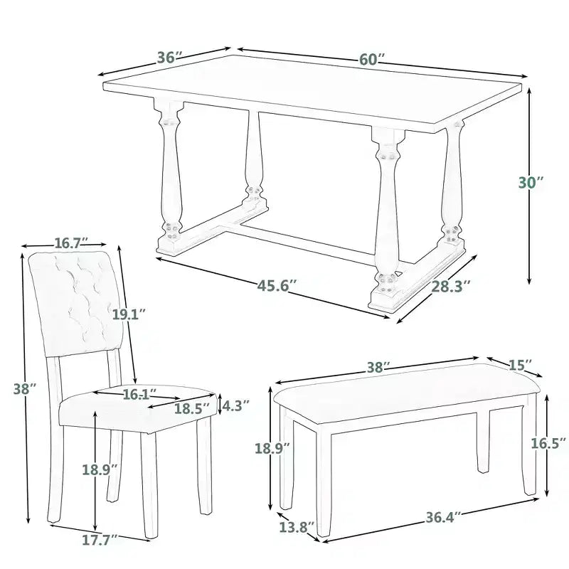 Ensemble de salle à manger Whisen 6 pièces avec table et chaises aux pieds de forme spéciale et dossiers et coussins recouverts de mousse