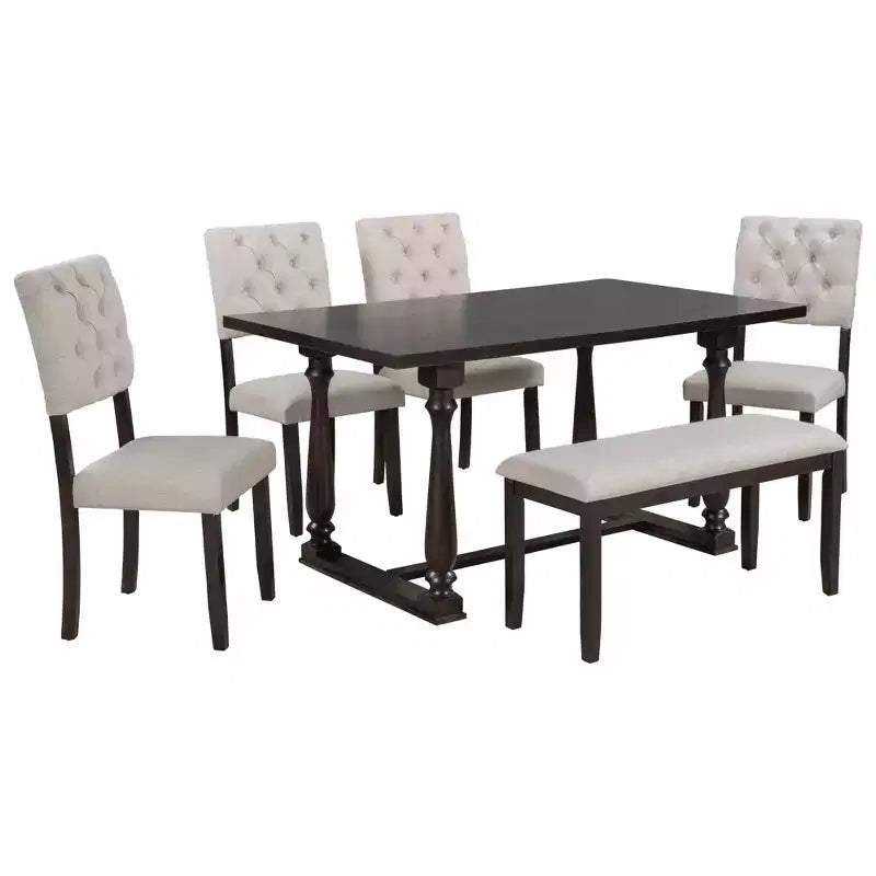 Ensemble de salle à manger Whisen 6 pièces avec table et chaises aux pieds de forme spéciale et dossiers et coussins recouverts de mousse