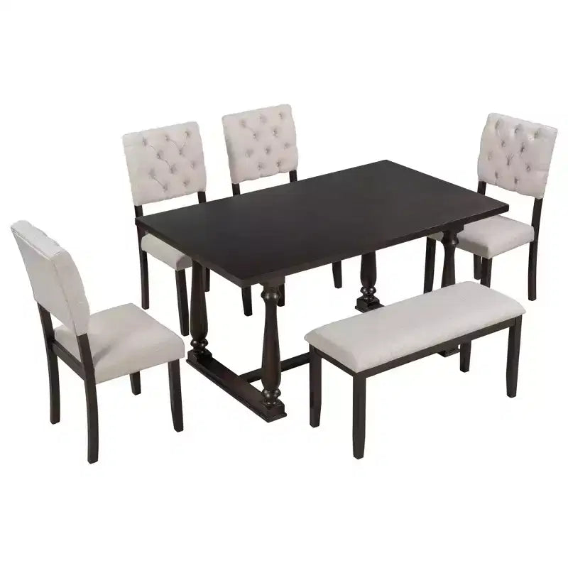 Ensemble de salle à manger Whisen 6 pièces avec table et chaises aux pieds de forme spéciale et dossiers et coussins recouverts de mousse