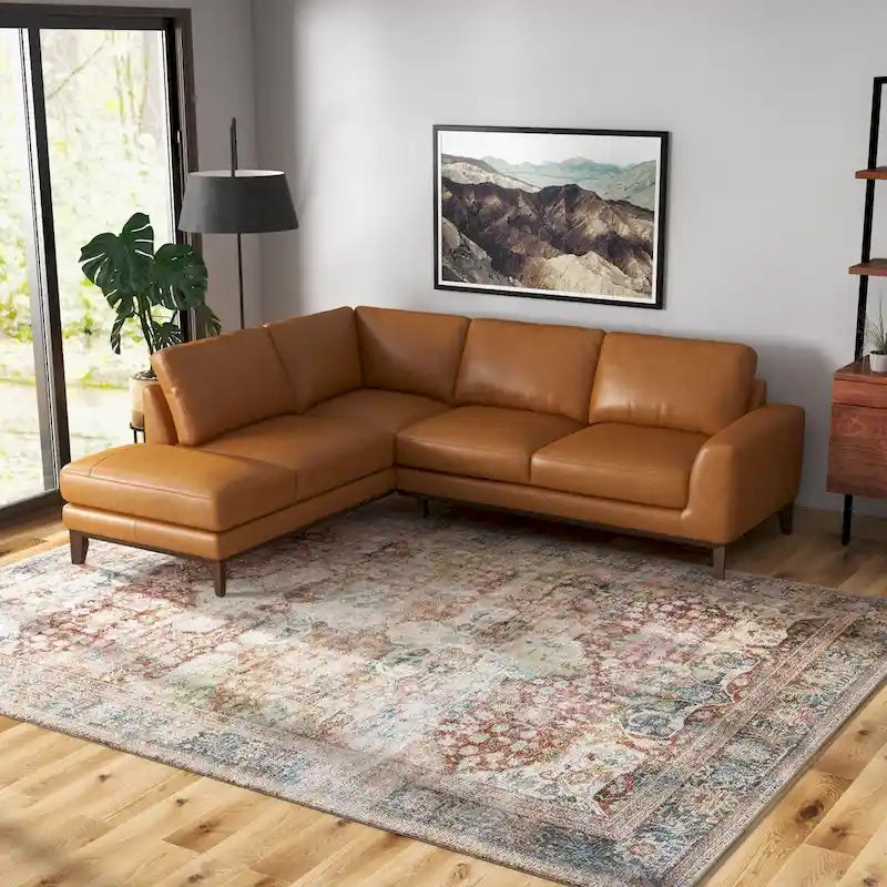 Canapé d'angle sectionnel en cuir supérieur Miamo Mid-Century pour salon, couleur fauve