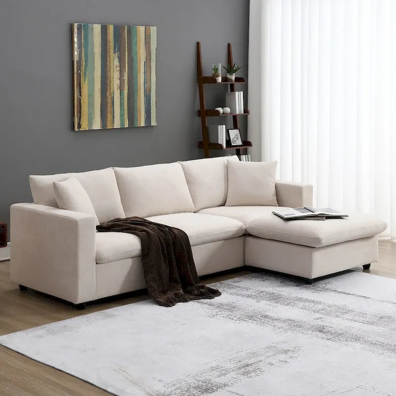 Canapé d'angle moderne en L, 2 coussins offerts, ensemble de canapé 4 places en tissu polyester, pouf, beige