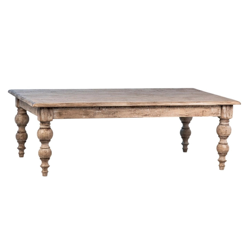 Table basse Zuri rectangulaire de 54 pouces en pin recyclé avec pieds sculptés à quatre colonnes, finition vieil cachet