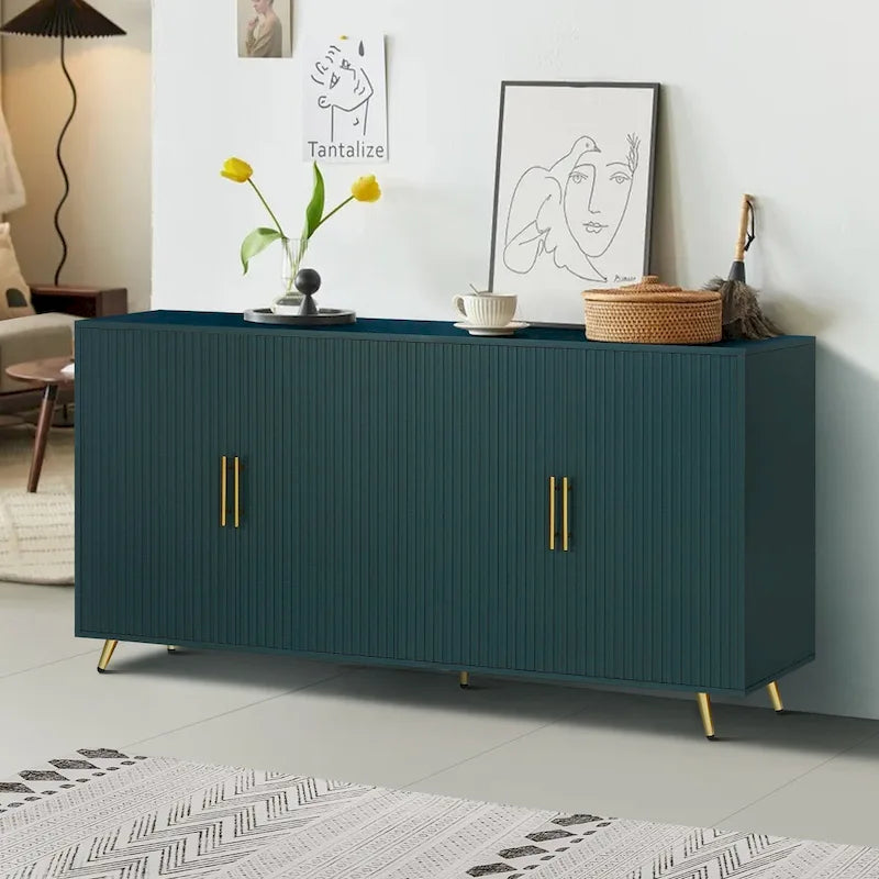 Meuble TV en bois avec armoire de rangement et étagères réglables, Console TV multimédia pour salon ou chambre (VERT)