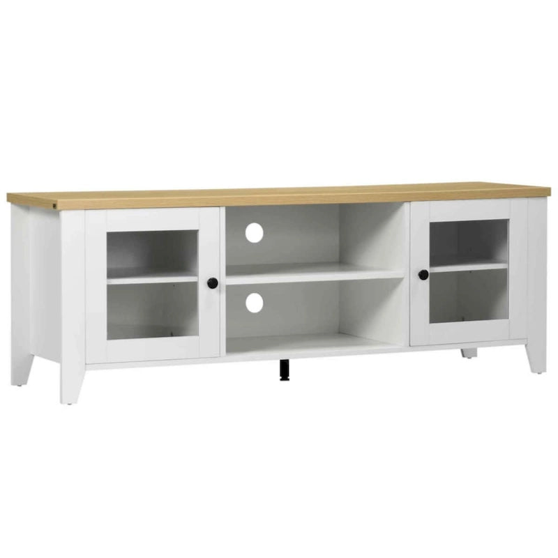 Meuble TV moderne, meuble de divertissement avec étagères et placards pour téléviseurs à écran plat jusqu'à 60 pouces pour chambre, salon, blanc