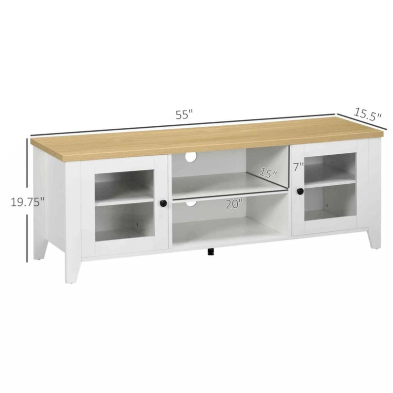 Meuble TV moderne, meuble de divertissement avec étagères et placards pour téléviseurs à écran plat jusqu'à 60 pouces pour chambre, salon, blanc